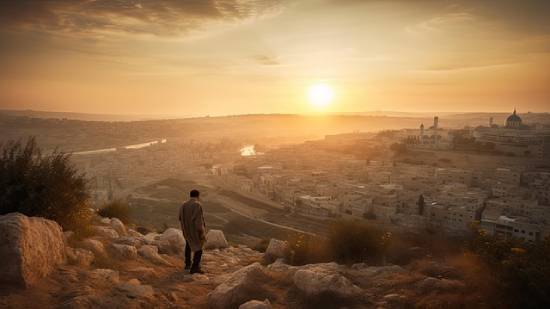 A traveler experiencing a panoramic view of a Palestinian sunset.
