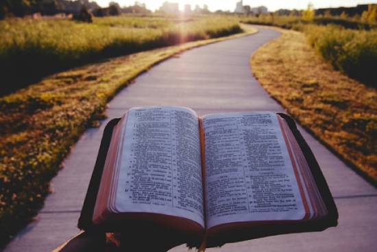An open Bible in the middle of an a well-lit highway.