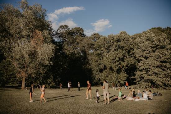 Several friends bringing their families together in a field to play and bond.