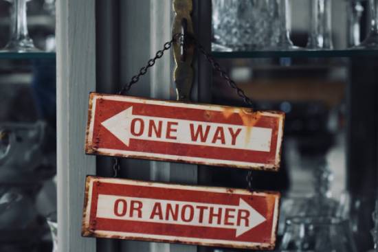 Opposite pointing direction signs hanging from a metal pole presenting two possible options.
