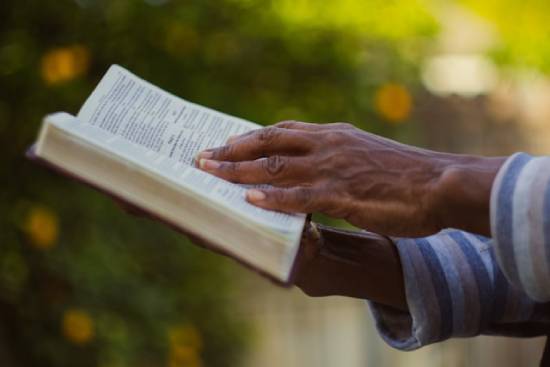 Man's Hands Holding a Bible An upclose photo of a man holding and reading an open Bible.