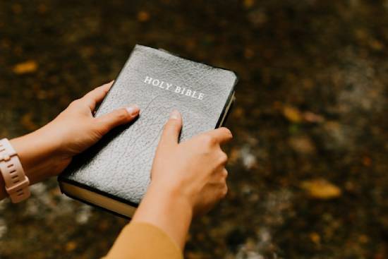 Hands Holding a Bible Hands holding away a black cover Holy Bible.