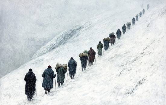 People Wlking Up Snow-caped Hill A group of people walking up a snow-caped hill in a single line with luggage and walking sticks.